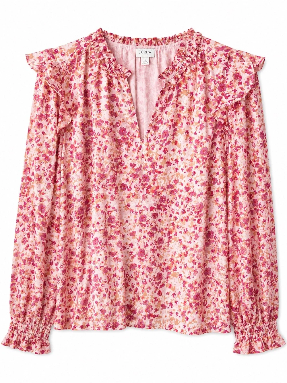 J.Crew Romantic Bohemian Pink Floral Ruffle Collar Long Sleeve Blouse - Size L